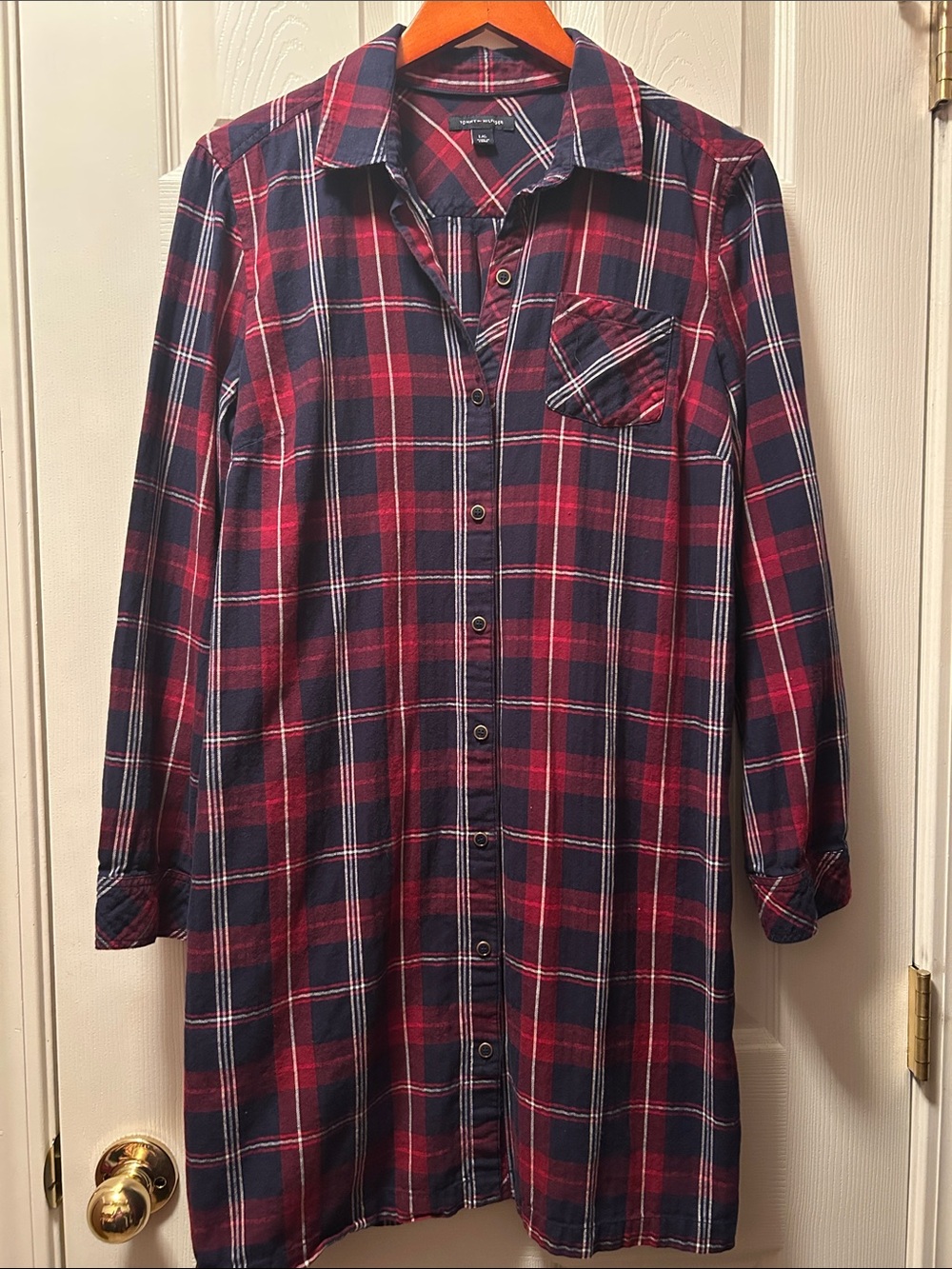 Tommy Hilfiger Button-Front Plaid Shirt Dress in Navy & Red Size L